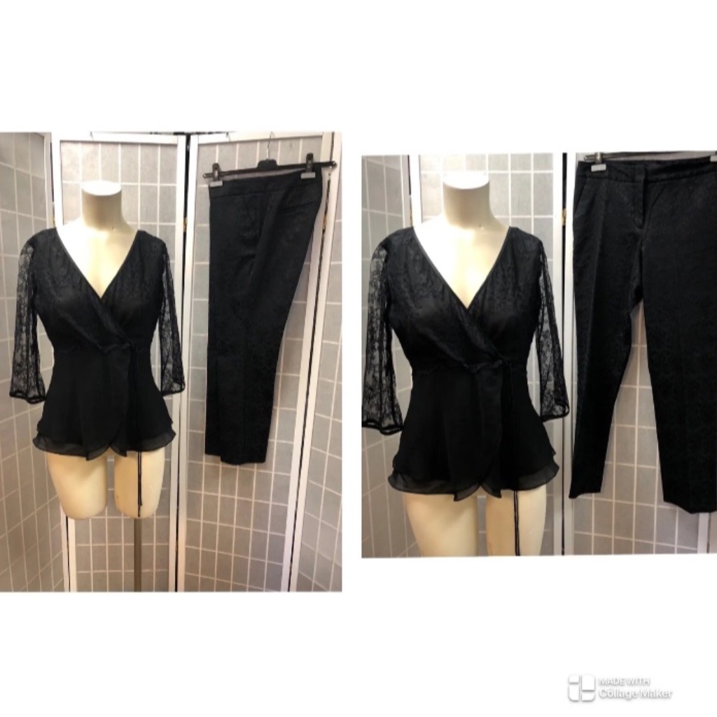 Nine West Woman Beautiful Set 2 Pc Blouse /Pants Black Silk , Formal Lace Sz4.!